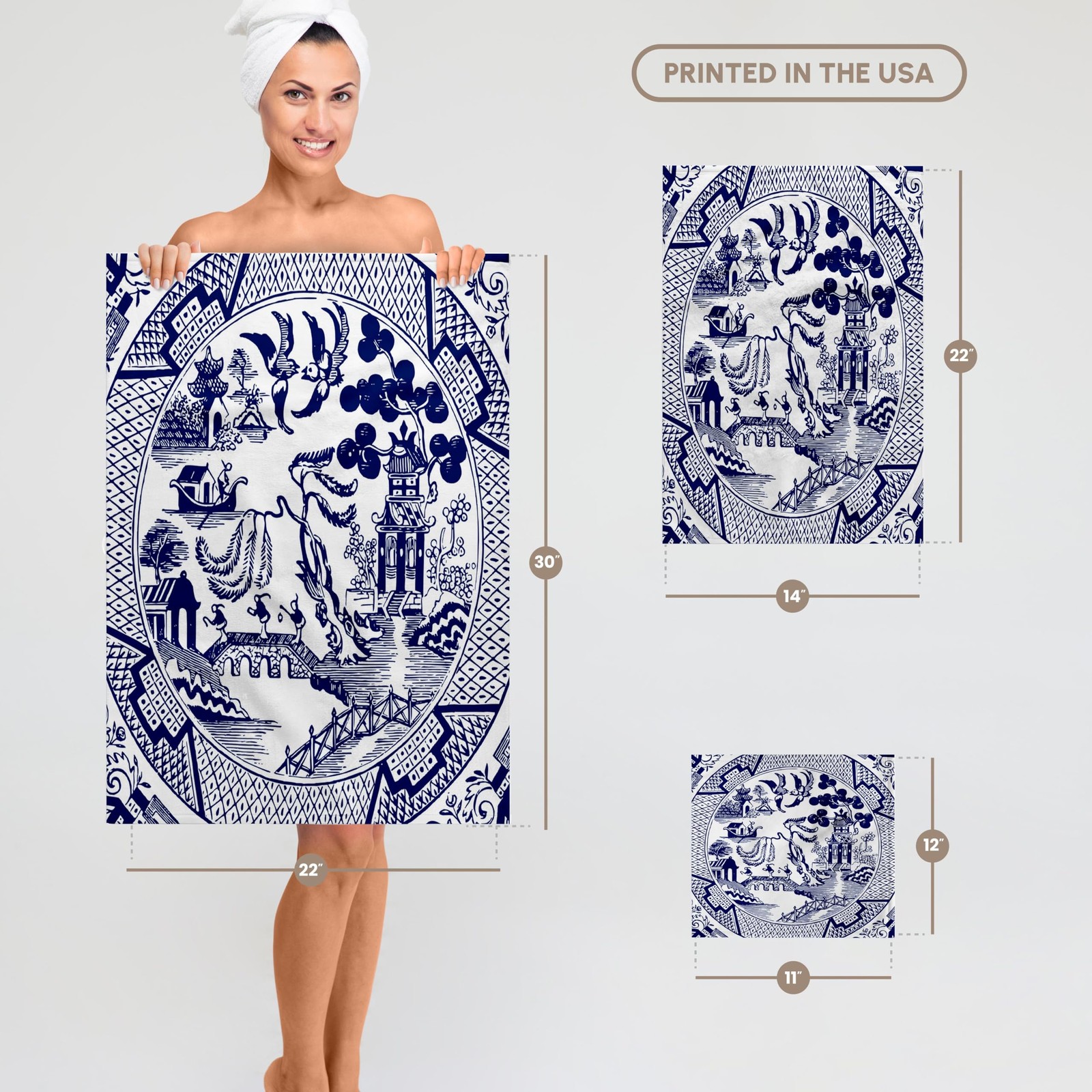 3dRose Willow Pattern Detail in Blue and White Towel, 15" x 22" gallery