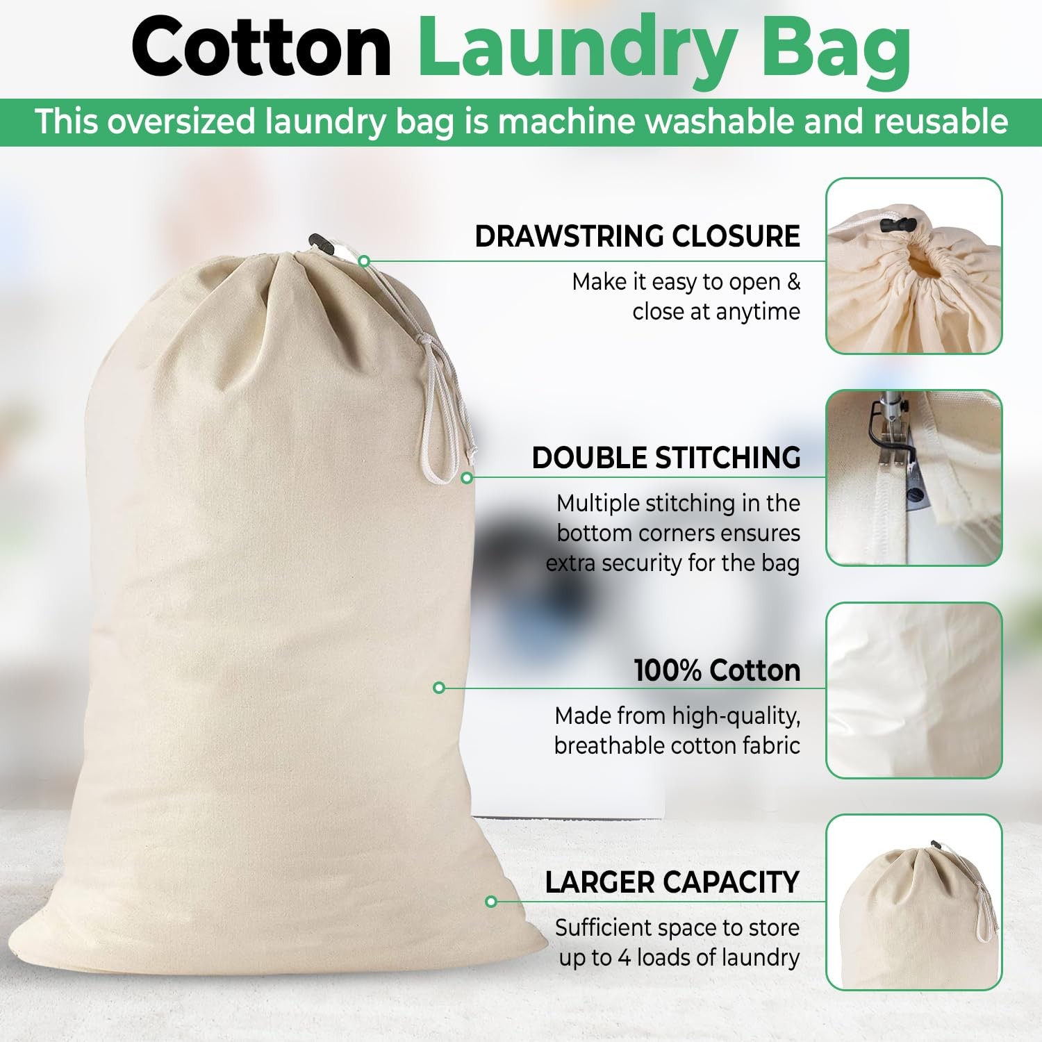 2 Pack - Extra Large Cotton Laundry Bag, Heavy Duty Large Laundry Bags 24 X 3 gallery