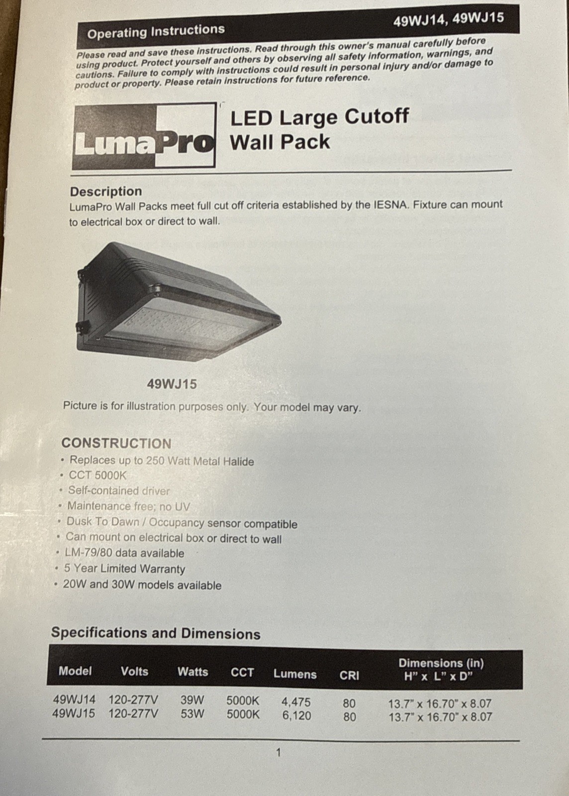 LumaPro 49WJ15 LED Large Cutoff Wall Pack, Replaces Up To 250 W, Uses 53 W gallery