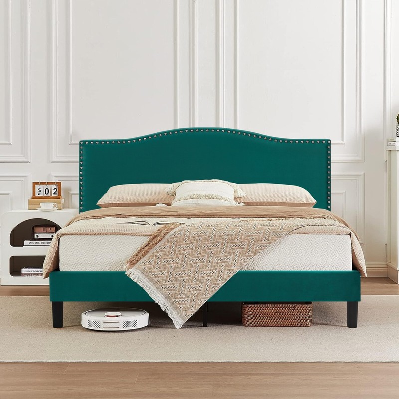 Bed Frame w/ Adjustable Fabric Headboard Twin/Full/Queen Size Wood Slat Support gallery