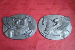 Pair Oval Spelter Wall Plaques, Pegasus Horse, Matt Silver, 10″×8″, Pre-owned