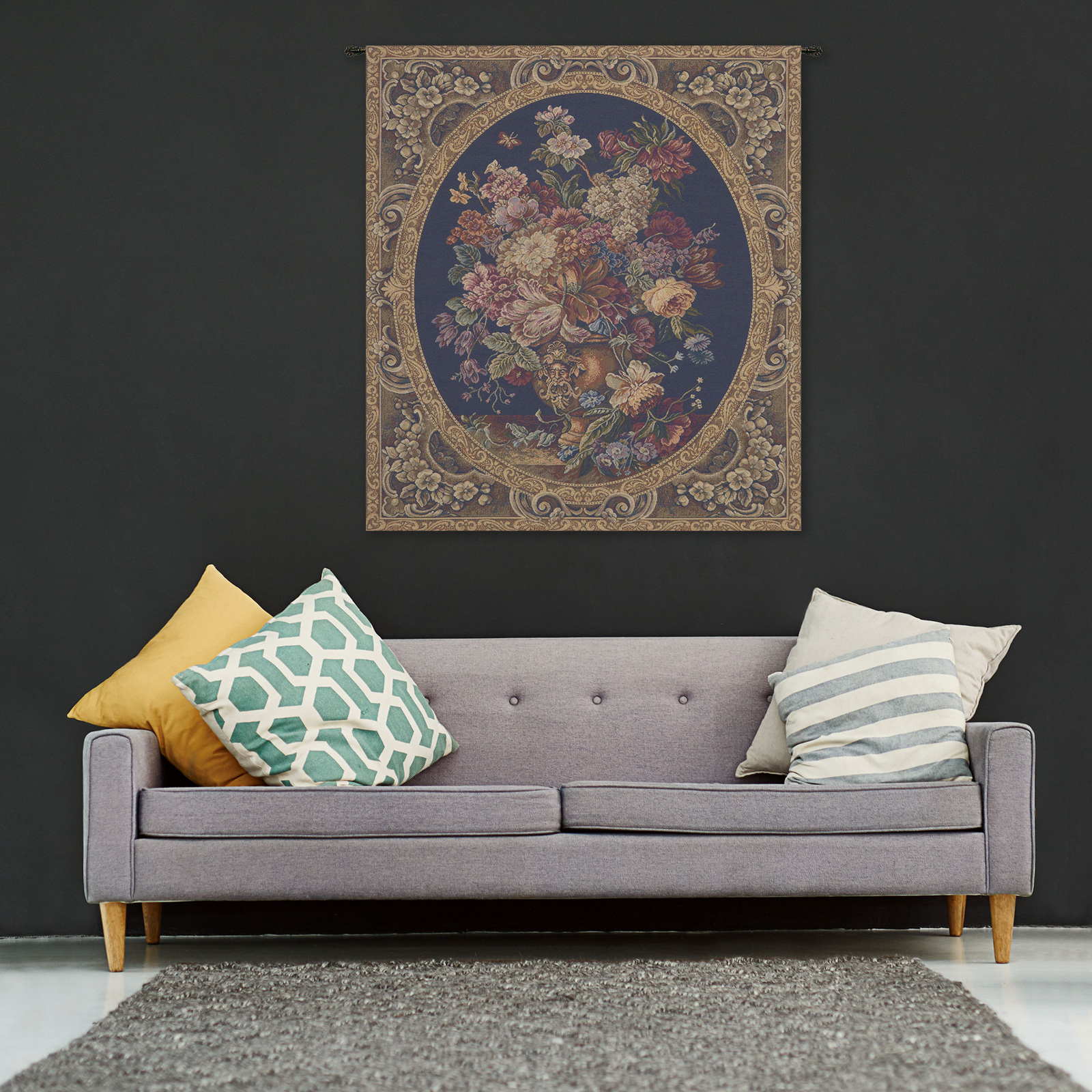 Floral design Composition in Vase DarkBlue Italian Tapestry decoration Design gallery