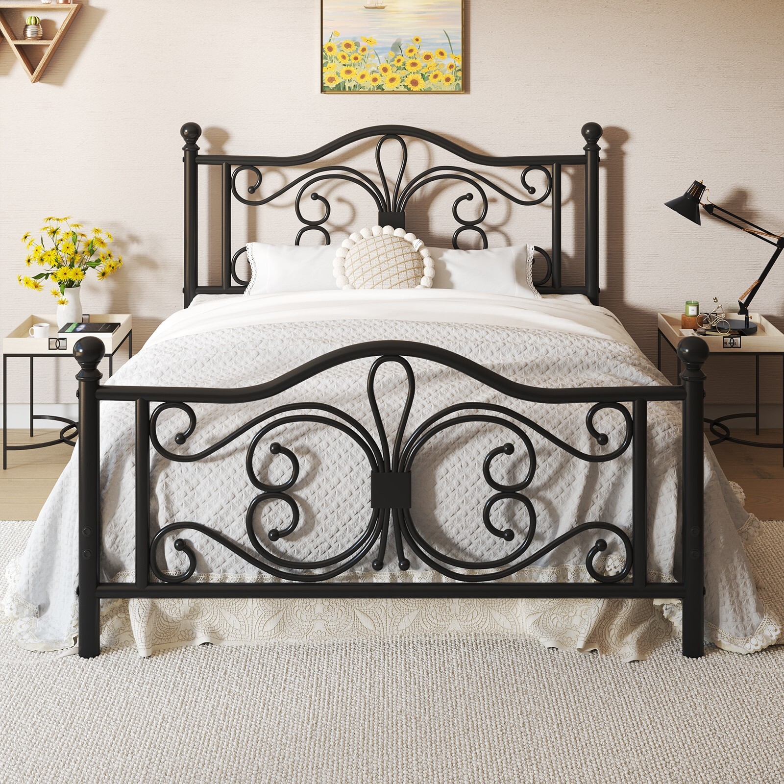 Queen Size Bed Frame with Butterfly Pattern Design Strong Metal Slats Support gallery