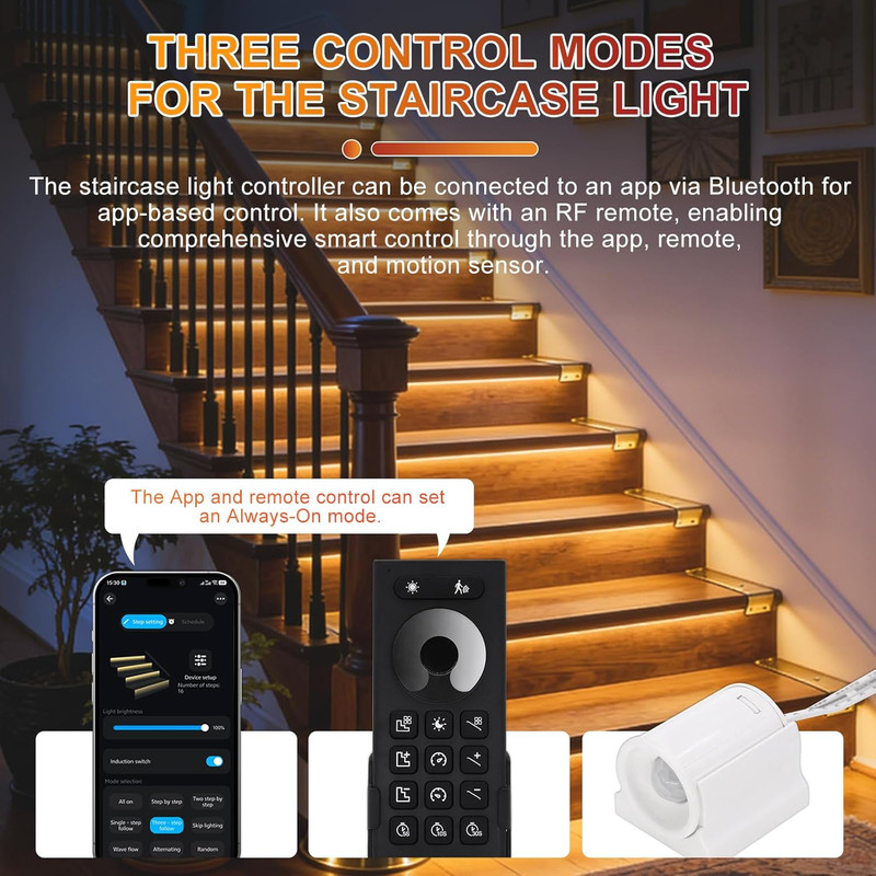 Smart Motion Sensor LED Stair Lights Kit with APP & Remote Control, 3000K gallery