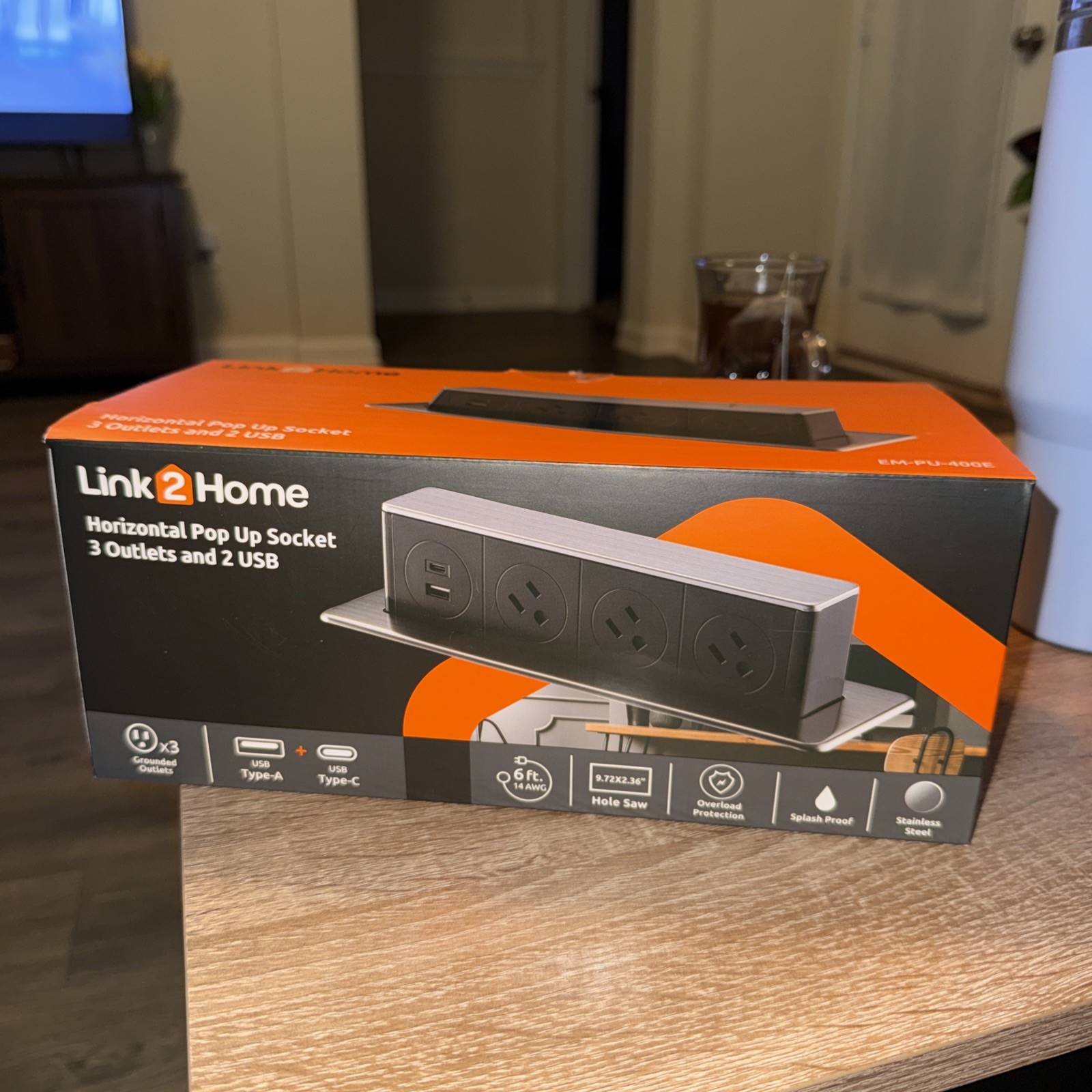 Link2Home Horizontal Pop Up Socket 3 Outlets and 2 USB 6ft gallery