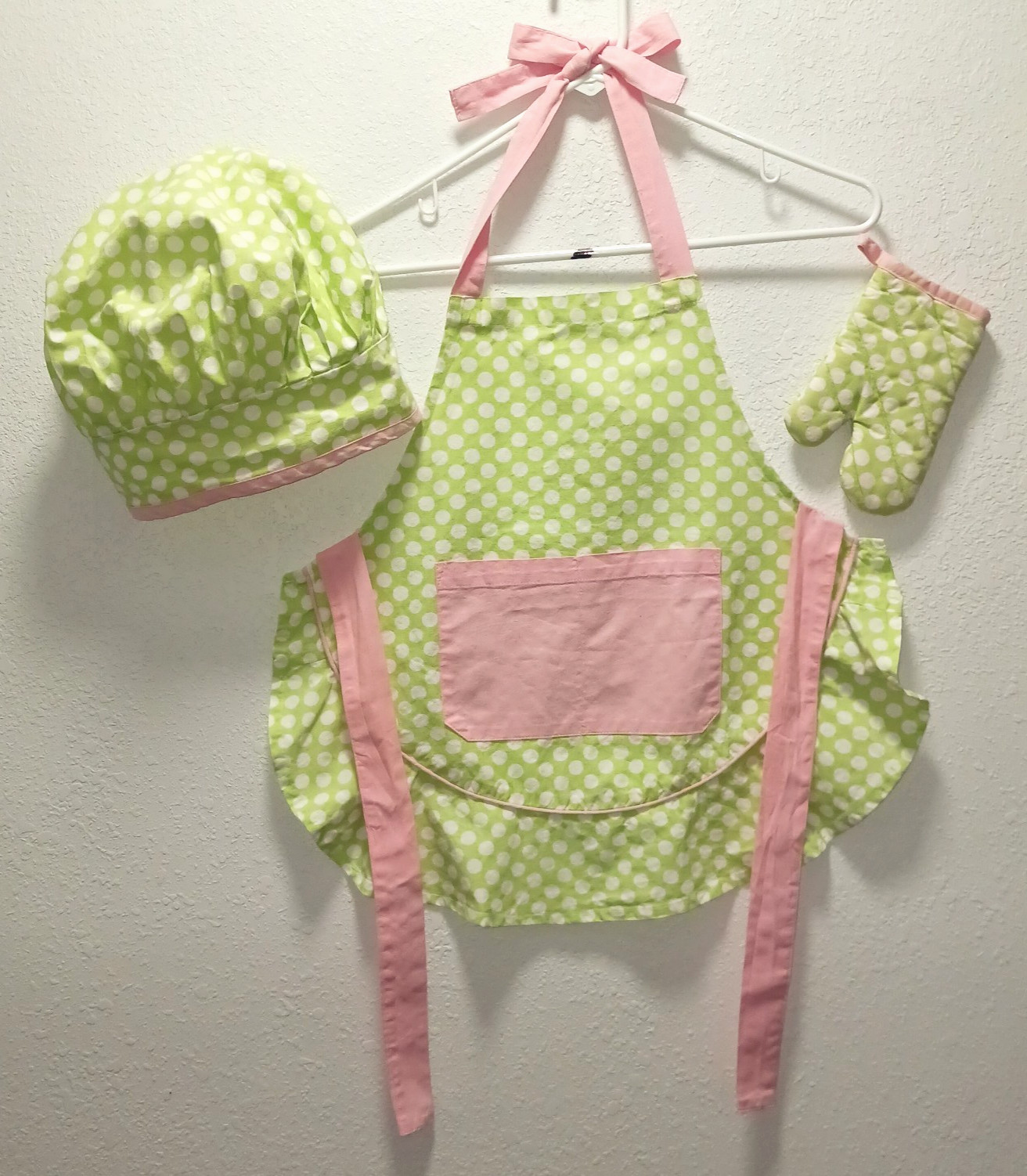 Kids 4pc Apron Set Chef Hat Mitt Green Polka Dot Ruffle Baking ​DII DesignImport gallery