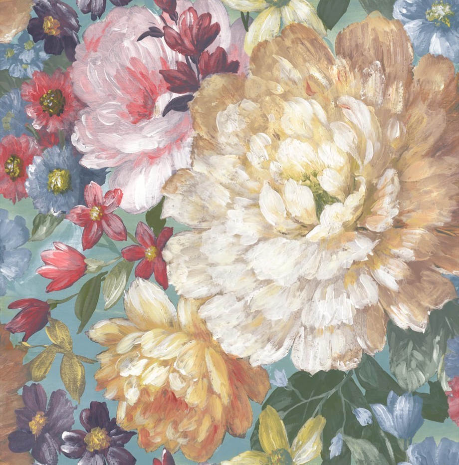 Wallpaper Large Painterly Floral Green Red Pink Yellow on Blue 56 Sq Ft Bolt gallery