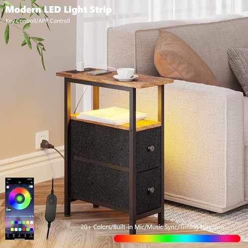 End Table with Charging Station, Narrow Side 2 Drawers 1 Rustic Brown + Black gallery