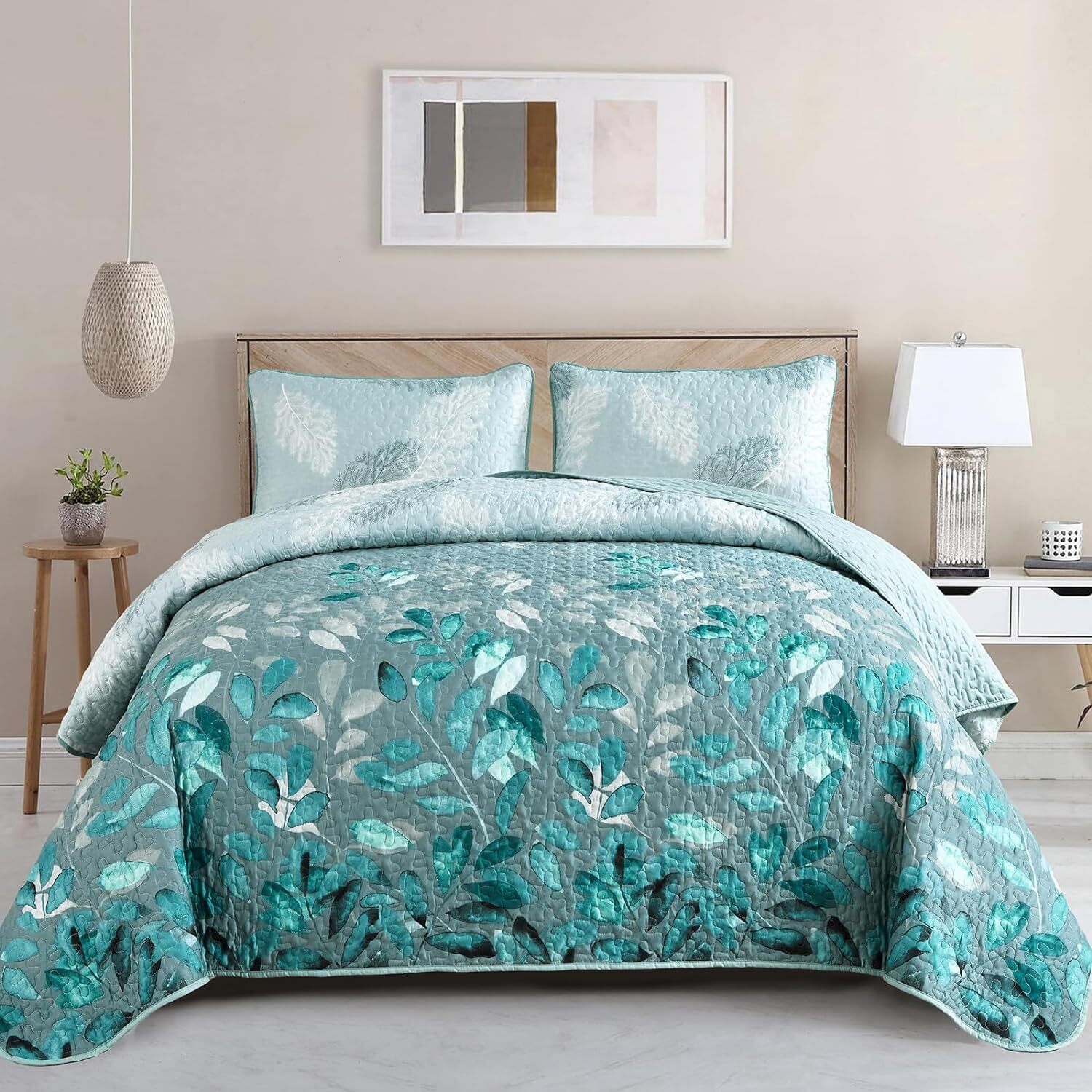 WONGS Floral Botanical Leaves Gradient Bedspread Coverlet Quilt Set Queen King gallery