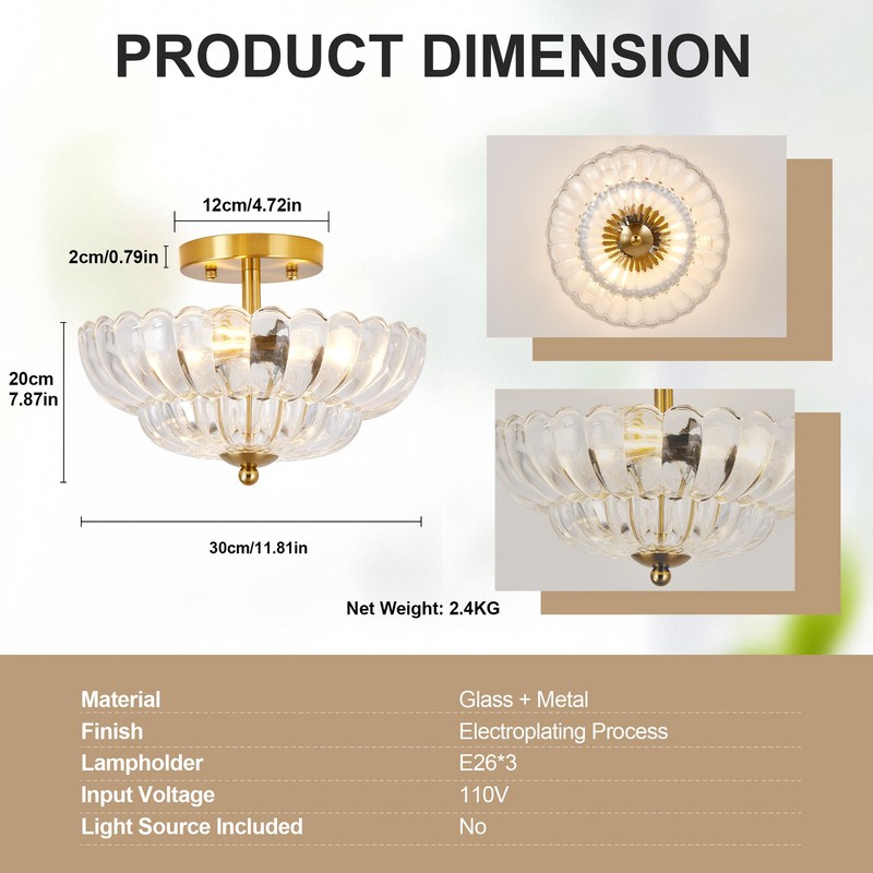 12" Close to Ceiling Light Semi Flush Mount Clear Flower Glass Fixture Bedroom gallery