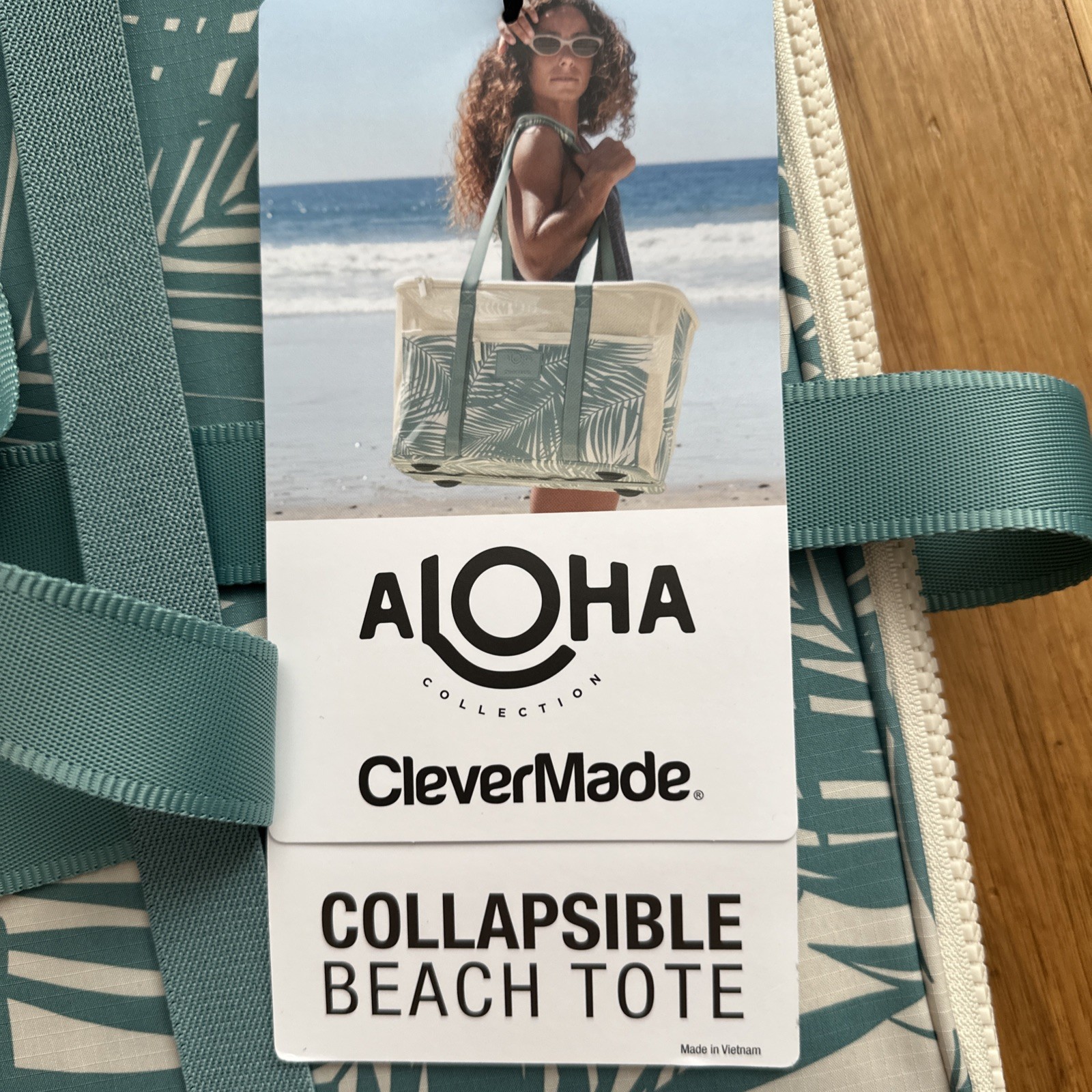 Aloha Collection CleverMade Collapsible Beach Tote Bag Floral Teal Green Hawaii gallery