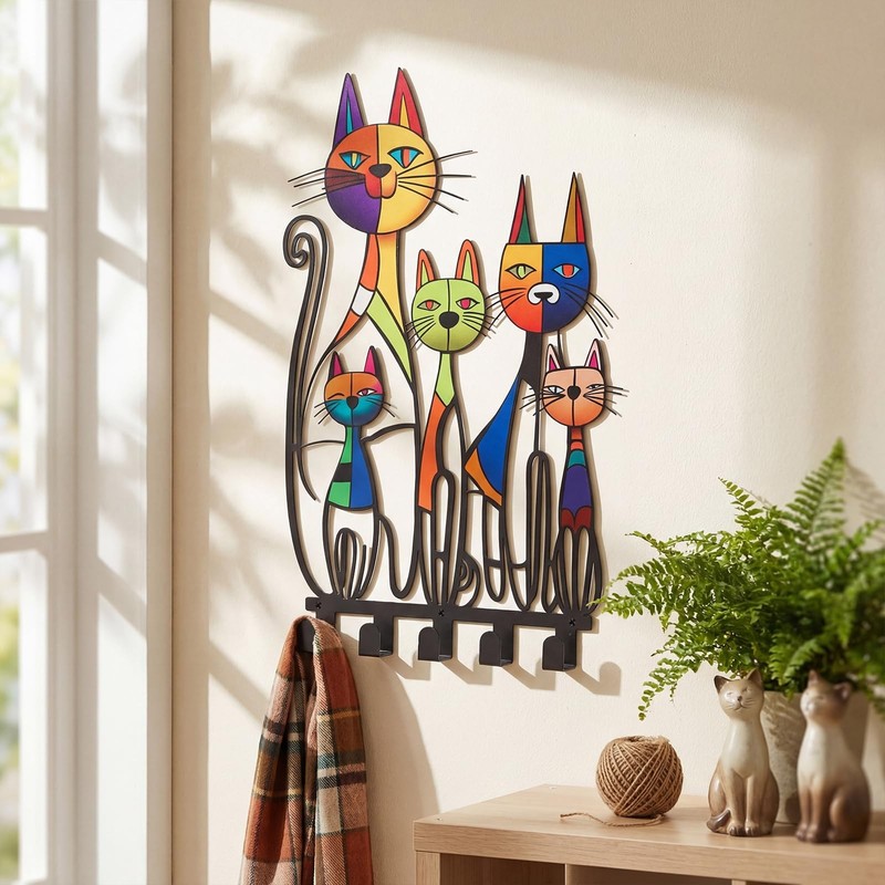 Mid Century Wall Mounted Coat Rack with 5 Hooks Retro Colorful Cat Art Decor gallery