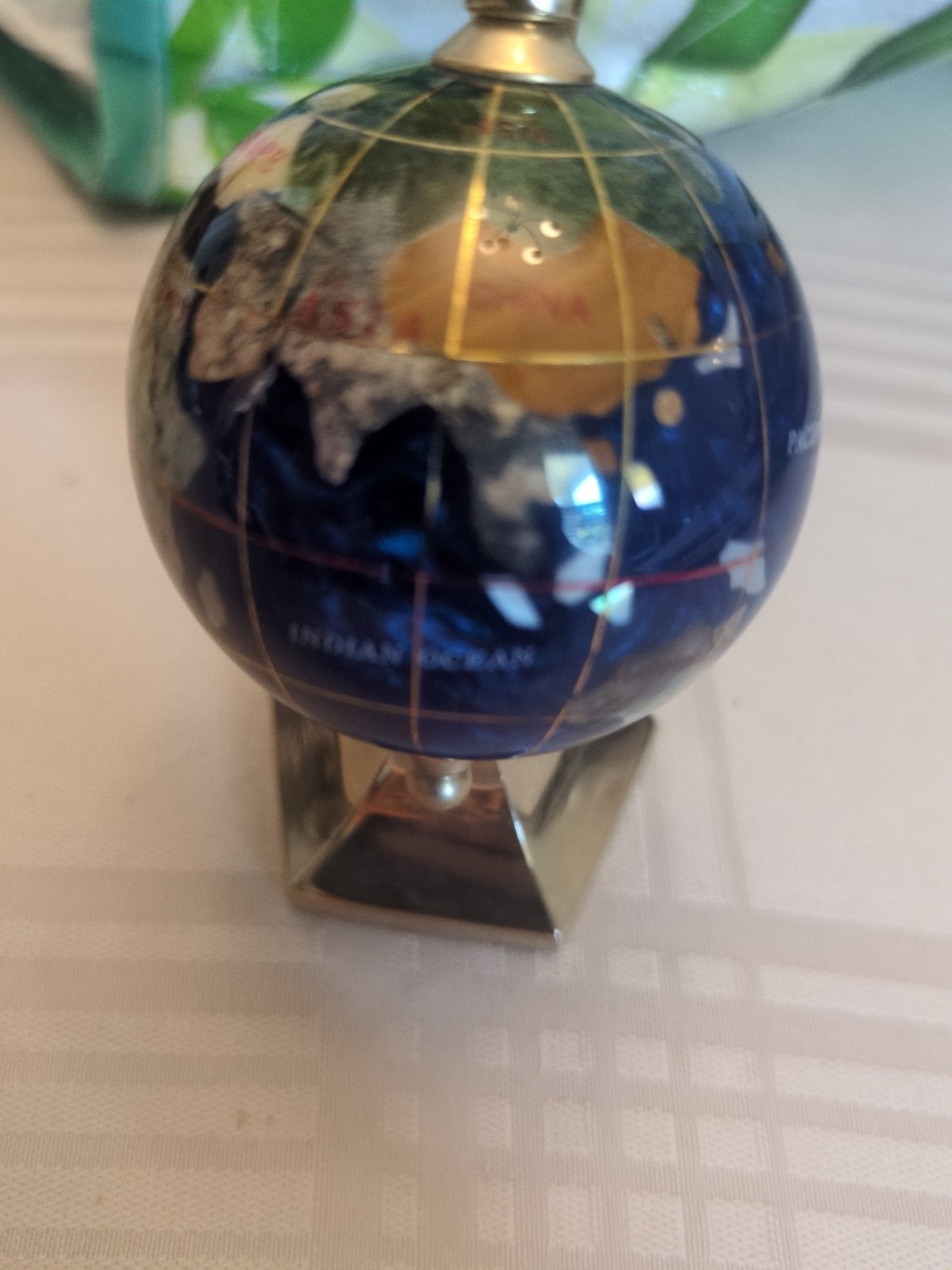 Blue Lapis Semi Precious Inlaid Stone Desktop Globe On Gold Stand, 4" gallery
