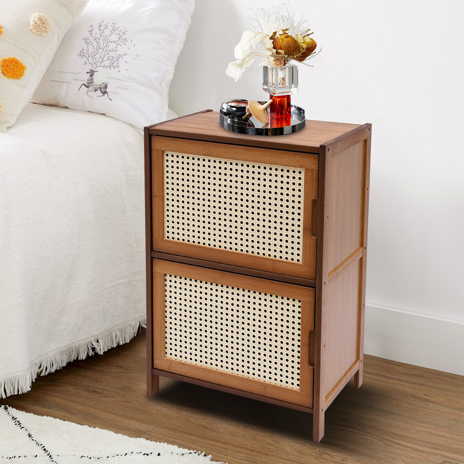 Modern Design Bamboo Bedside Table 2 Tier Nightstand Floor Standing gallery