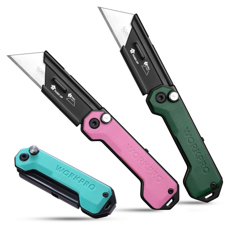 WORKPRO 3PCS Folding Utility Knife Quick Change Blade Box Cutter G10 Handle Axis gallery
