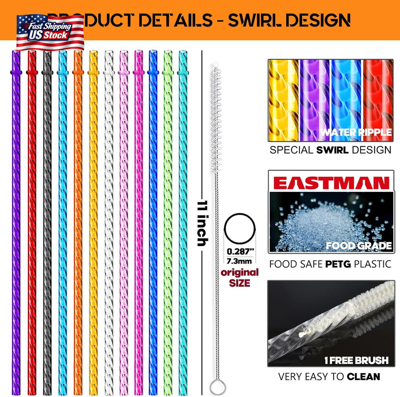 ALINK 12-Pack Reusable Plastic Coloful Swirl Straws, 11 Inch Long PETG Clear Har gallery