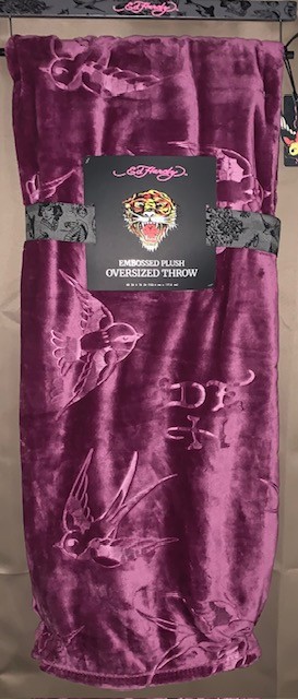 Ed Hardy Pinkish Purple Birds & Monograms Embossed Oversized Plush Throw Blanket gallery