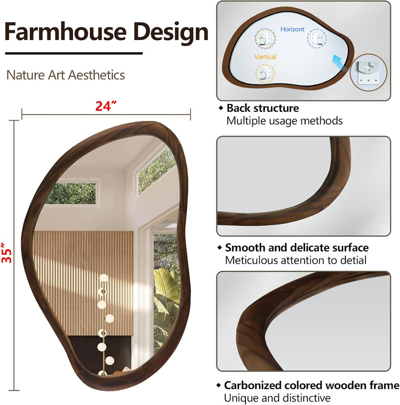 Rustic 35"x24" Dark Walnut Wall Mirror, Versatile for Any Room gallery