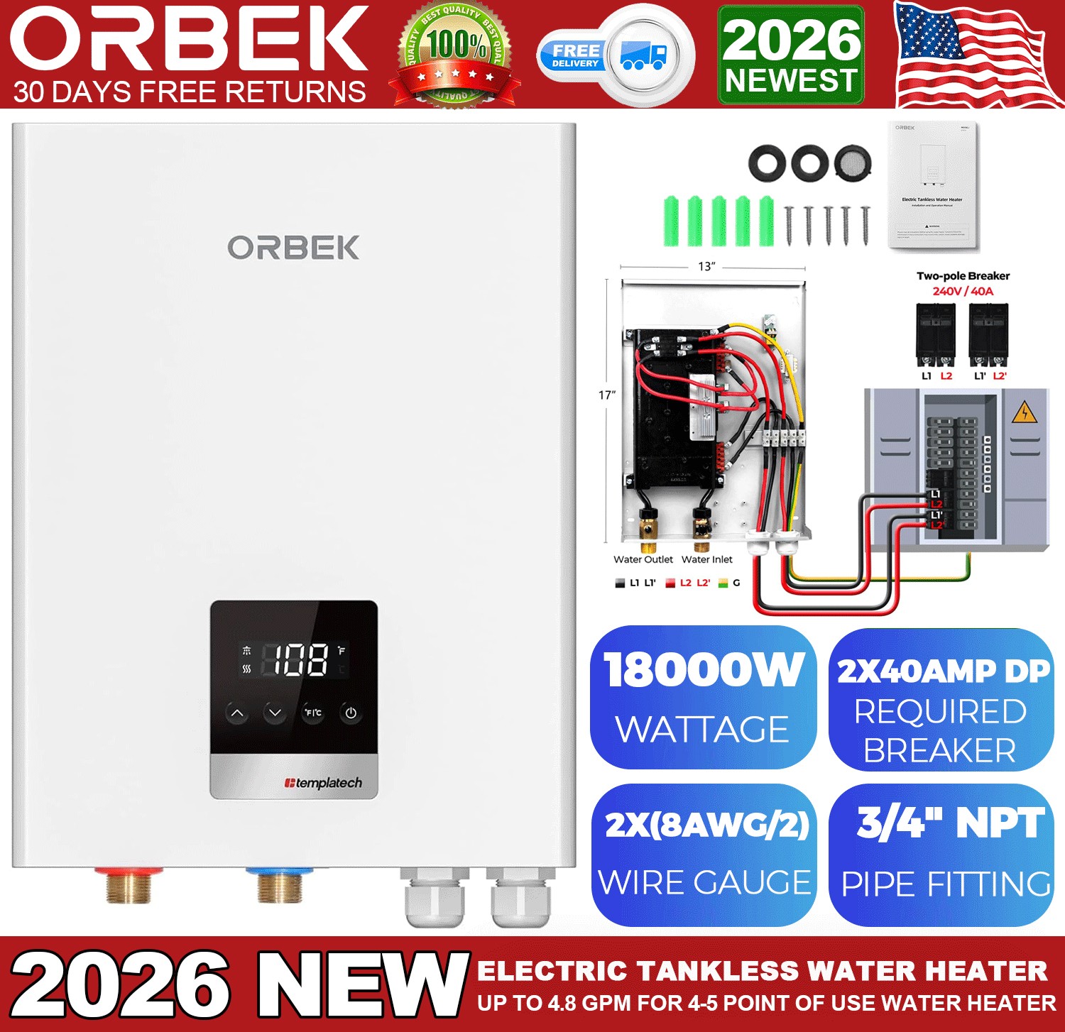 18KW Electric Tankless Water Heater Instant Hot On Demand for Whole House 240V gallery
