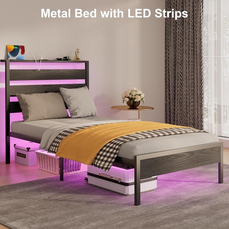 Bed Frame with Headboard, Platform Bed with LED & Charging Station, Heavy Duty gallery