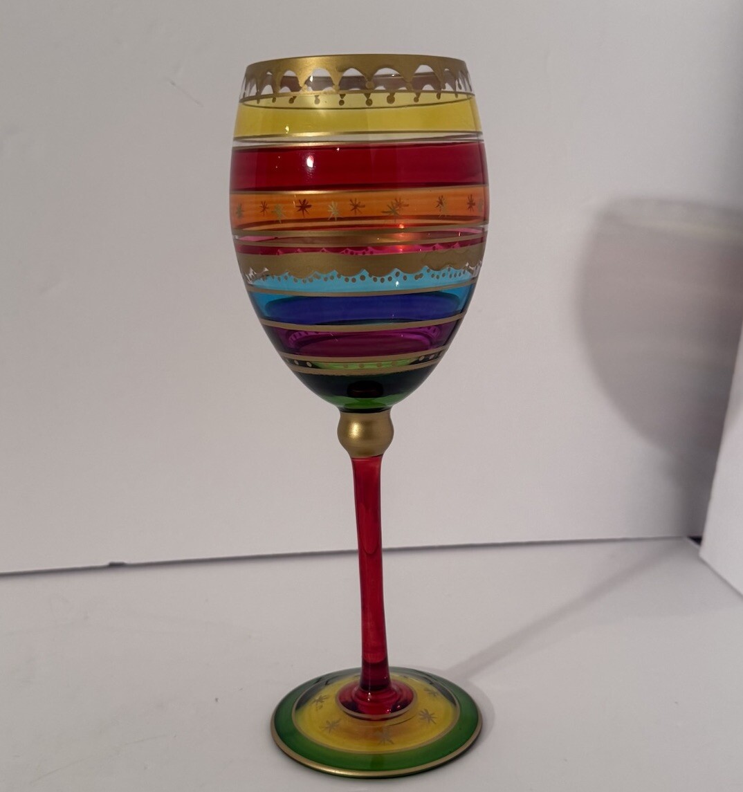 Handcrafted Pier 1 Festive-Stripe Gold Accents 9" Wine Glass gallery