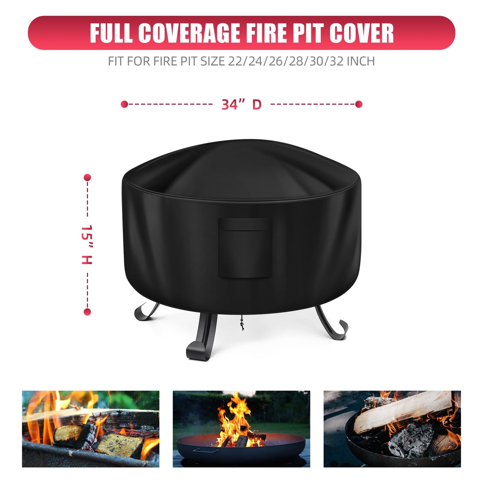 WLEAFJ Fire Pit Cover - Round, 22-34 Inch, Heavy Duty Oxford Fabric, Waterproof gallery
