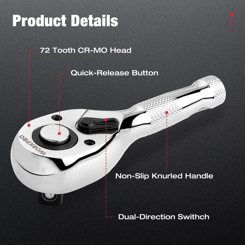 WORKPRO 3PC Stubby Ratchet Set Quick Release 1/4" 3/8" 1/2" Drive Ratchet Handle gallery