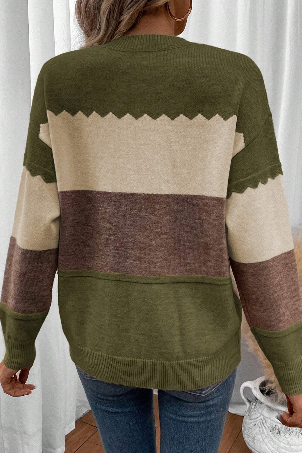 Brown Colorblock Crew Neck Drop Shoulder Sweater gallery