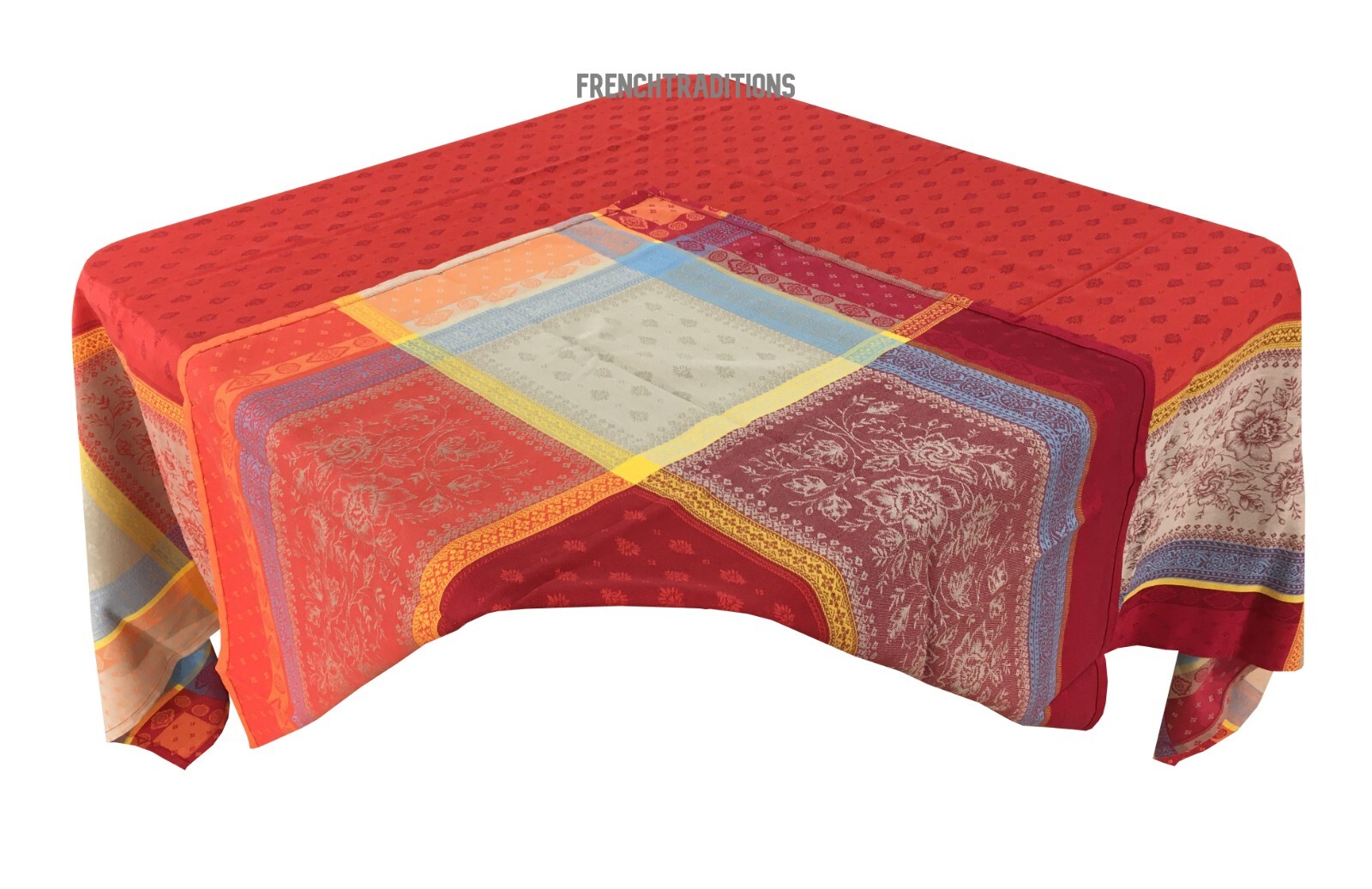 French Provencal Jacquard Coated Tablecloth Flowers Geometric 63 X 63 France gallery