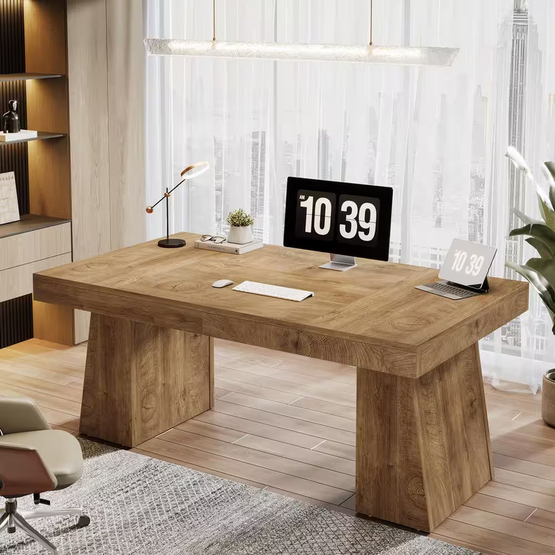Moronia 55 In. Rectangle Light Brown Engineered Wood Executive Desk with Strong gallery