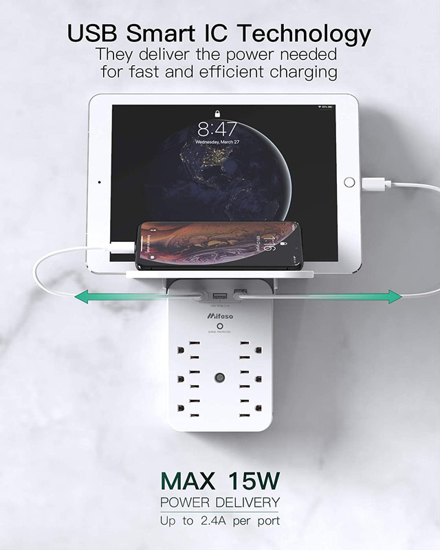Wall Outlet Extender with Surge Protector, 6 AC Outlets, Shelf, 2 USB & USB C Ch gallery