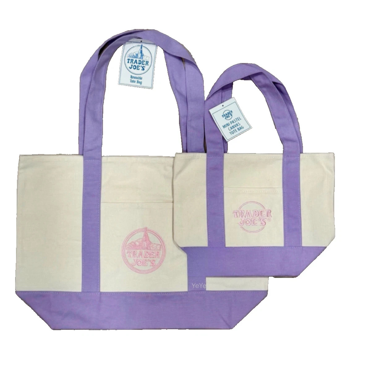 2 NWT Spring Easter 2026 Trader Joe’s Lavender Canvas Tote Bags Large + Mini-SU gallery