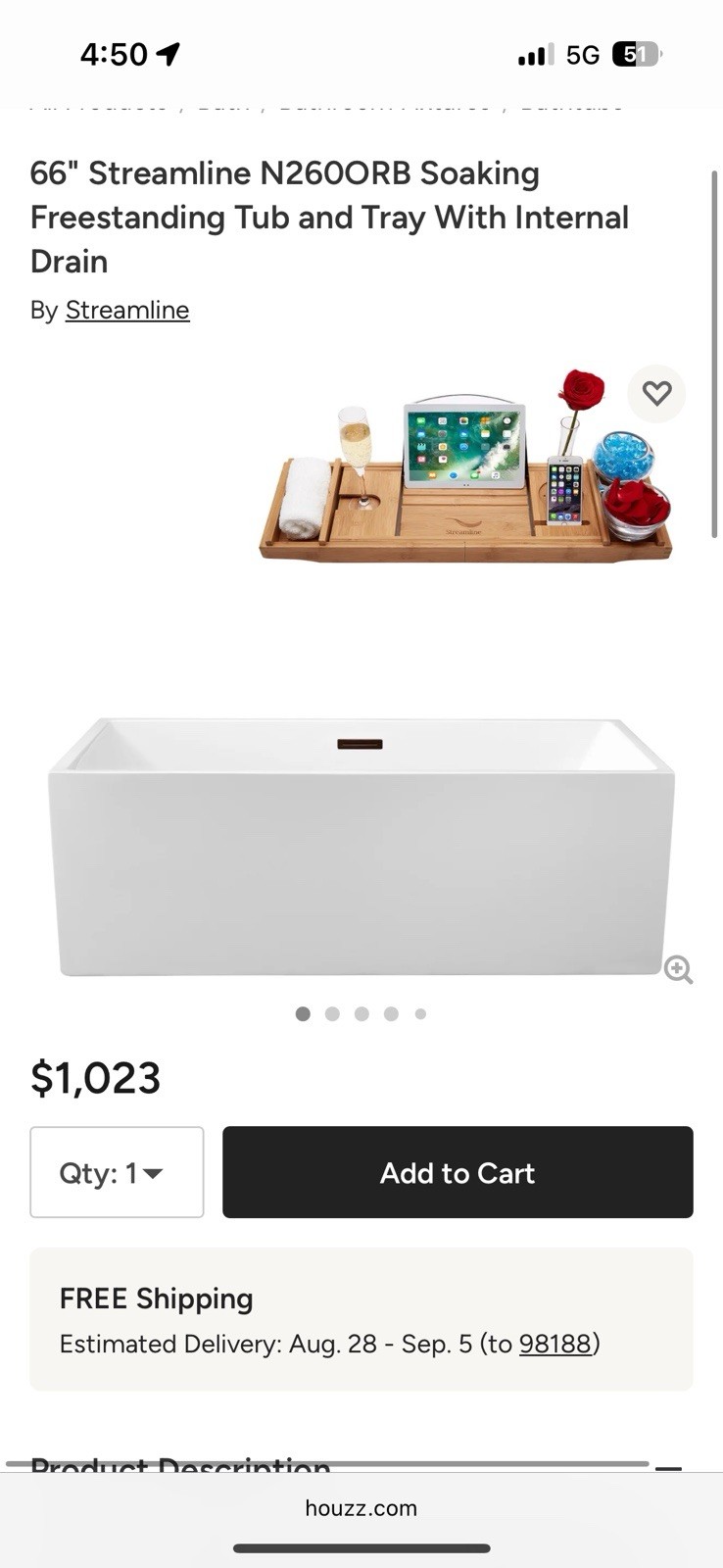 66" Streamline N260ORB SoakingFreestanding Tub and Tray With Internal Drain gallery
