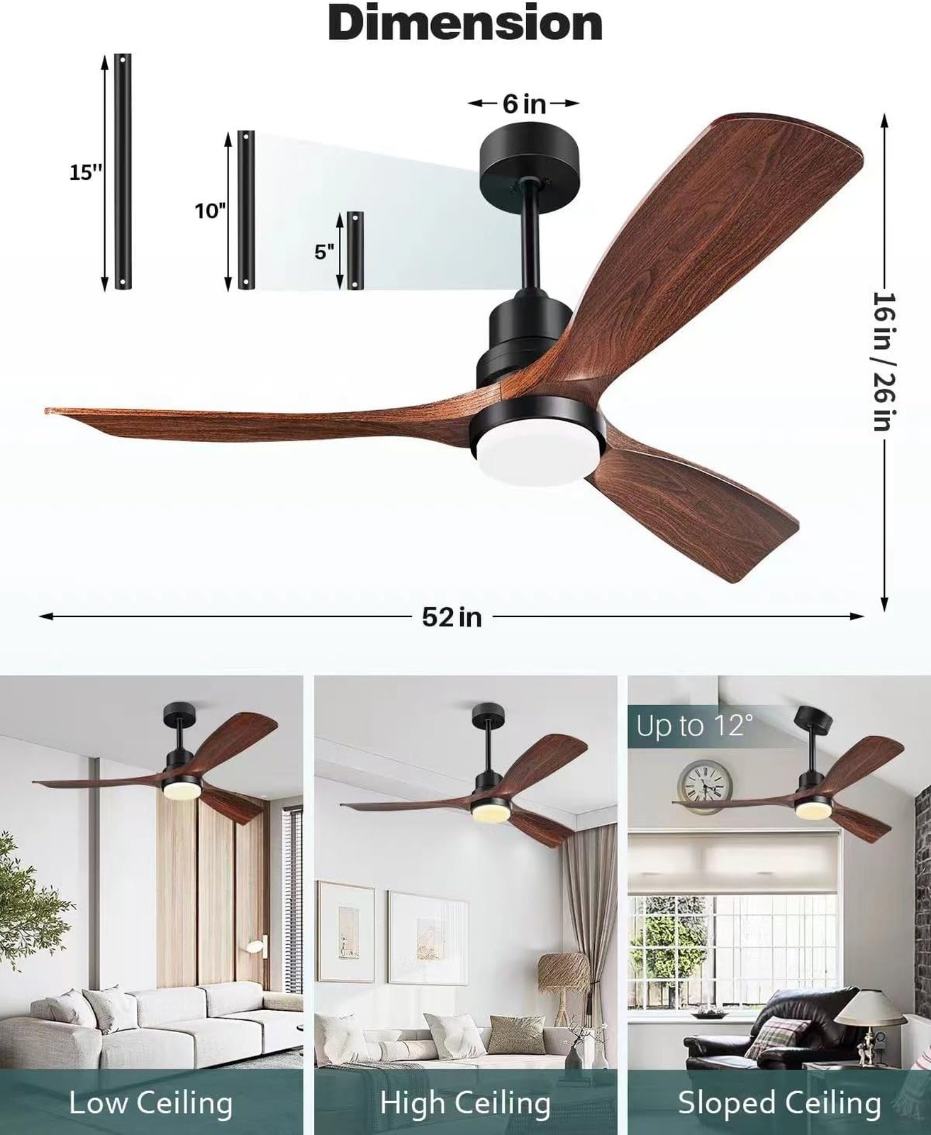 Ceiling Fan with Light and Remote 52 Inch Outdoor Indoor Walnut Solid Wood Blade gallery