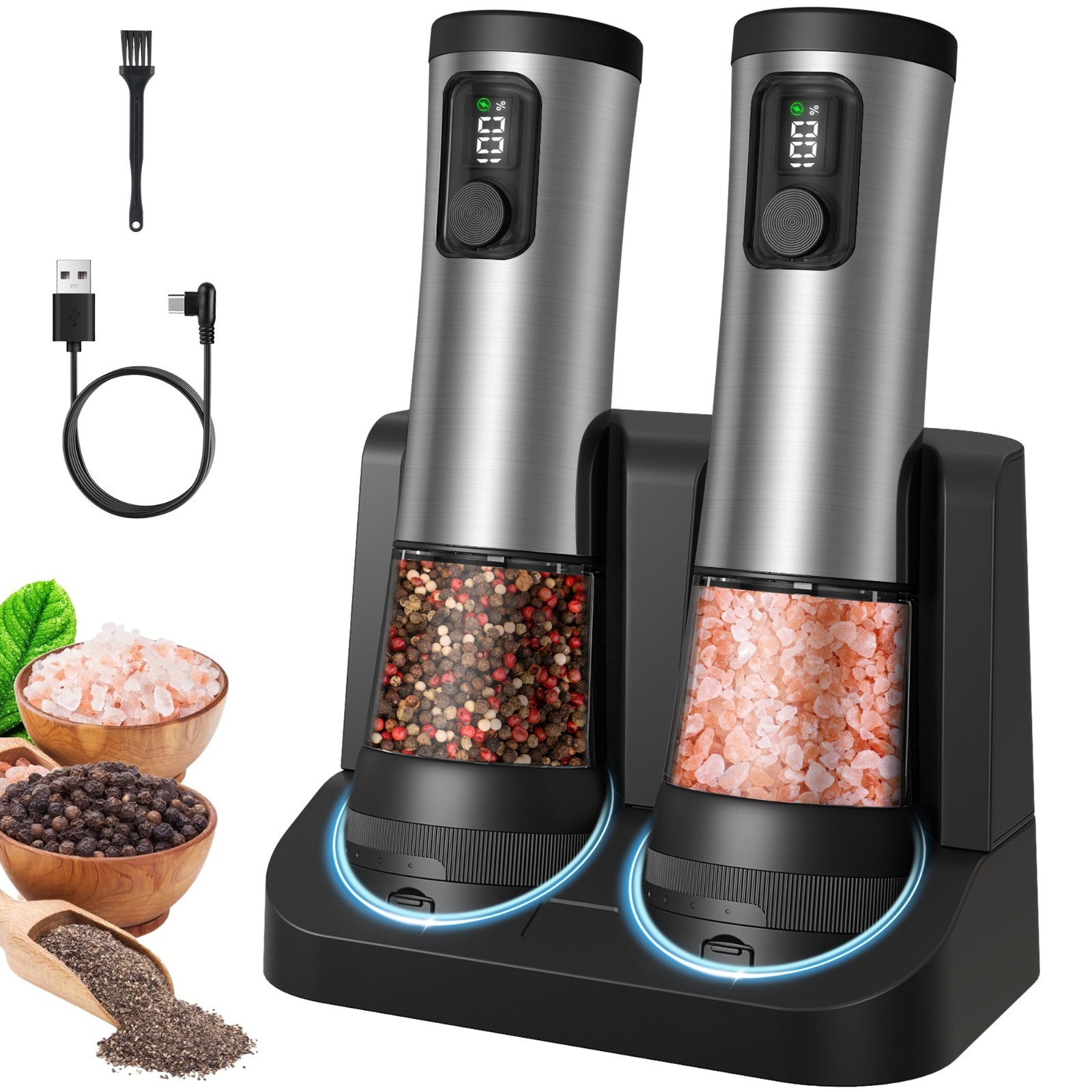 Electric Salt Pepper Grinder Set, Rechargeable Base, Adjustable Coarseness, 2PCS gallery