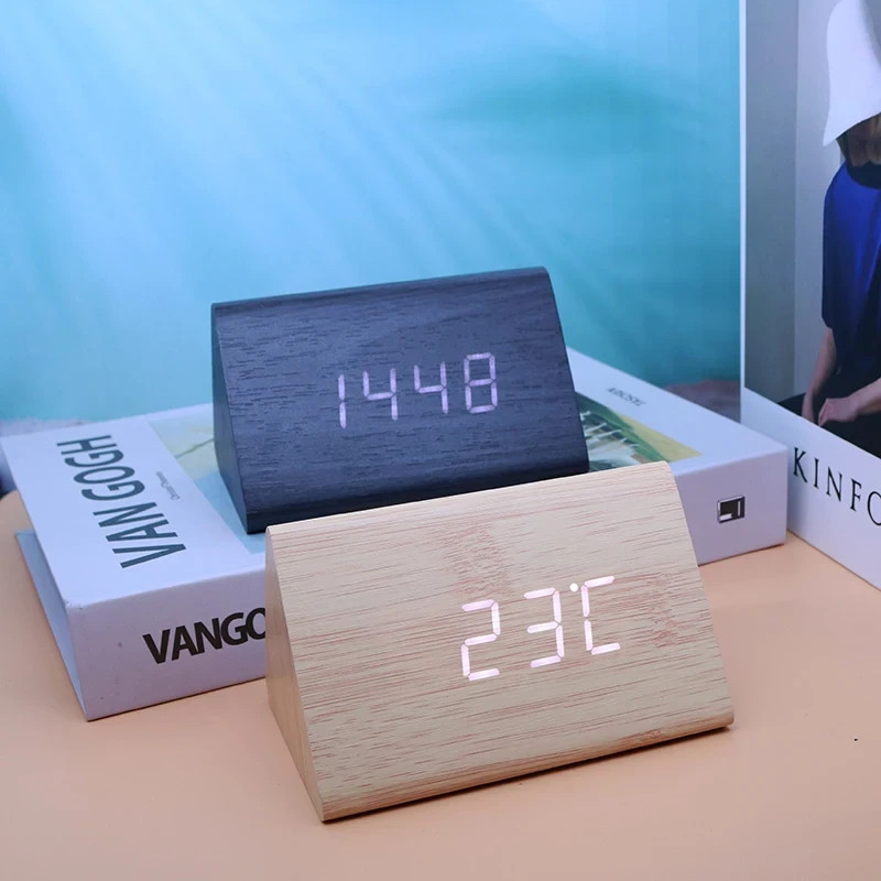 Wooden Digital Alarm Clock LED Time Temperature Display Bamboo Desk Clock gallery