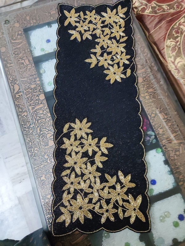 Handcrafted Beaded Table Runner Gold 36 Centerpiece Gold Floral Black 13 gallery
