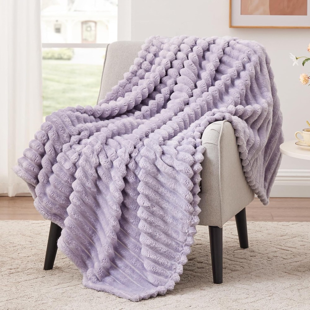 Fleece Throw Blanket for Couch or Bed - 3D Stripe Jacquard Decorative Blankets
