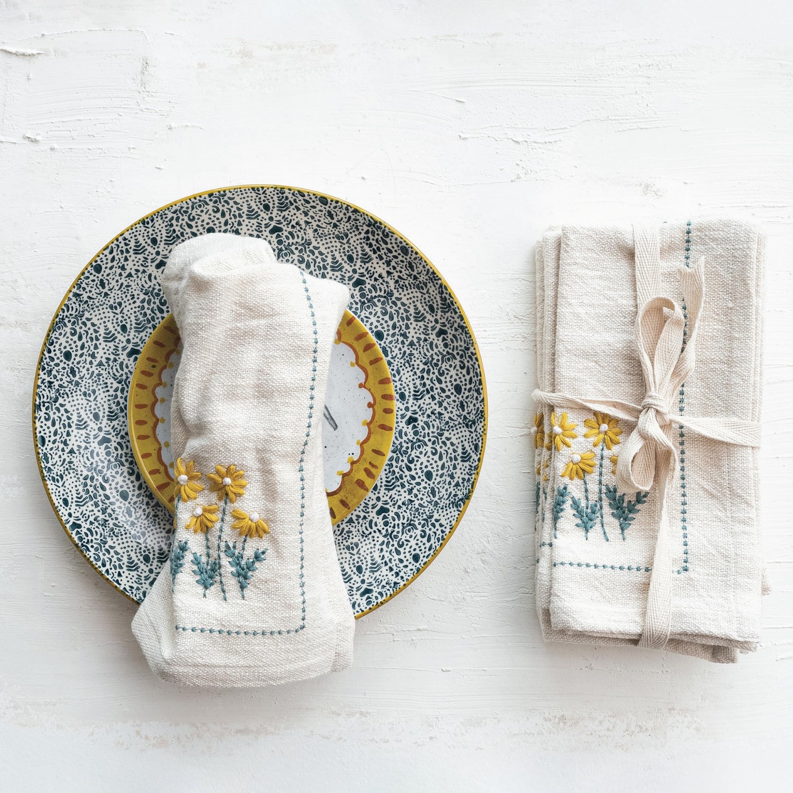 Creative Co-Op Floral Hand-Embroidered Cotton Napkins, Multicolor, Set of 4 gallery