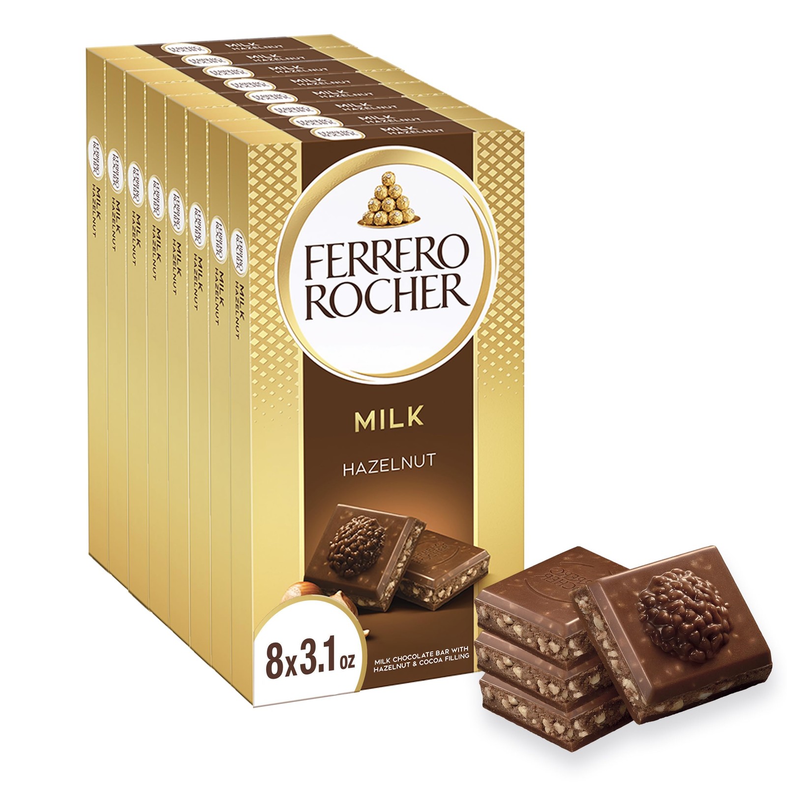 Ferrero Rocher Milk Chocolate Hazelnut Bar with Cocoa Filling Gift 8 Pack gallery