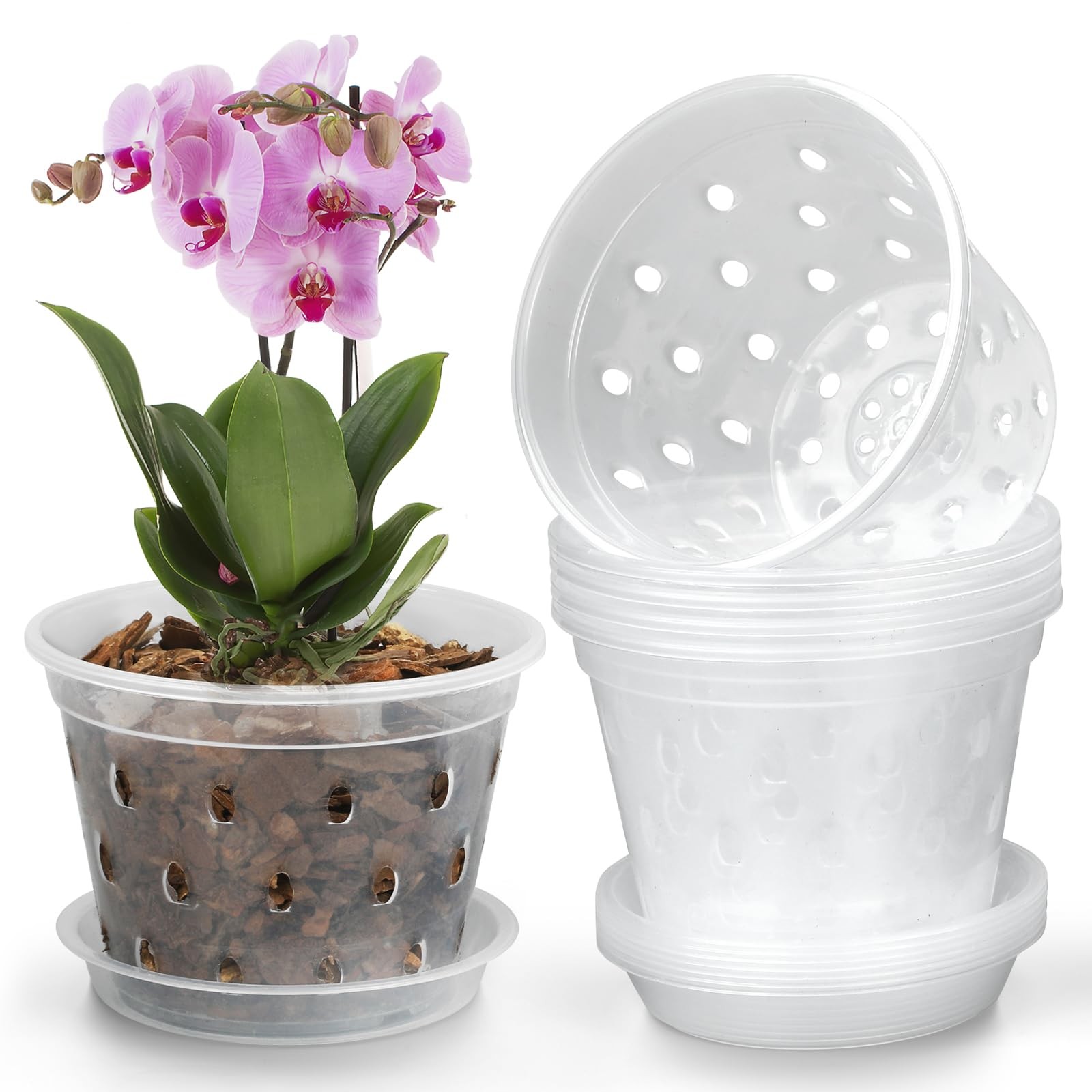 Orchid Pot, 8 Pack 6 Inch Orchid Pots with Holes and Saucers, Clear Plastic F... gallery