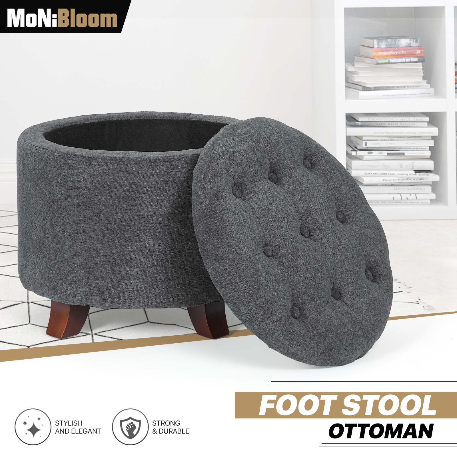 [OPEN BOX] 17" Round Storage Ottoman Tufted Footstool w/Removable Lid&Wood Legs gallery