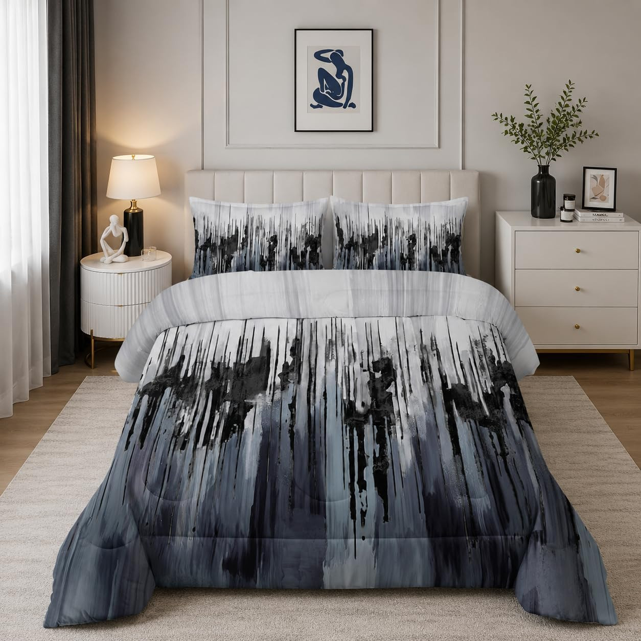 Black Grey White Gradient Print Comforter Set Twin Size,Abstract Art Bedding Set gallery