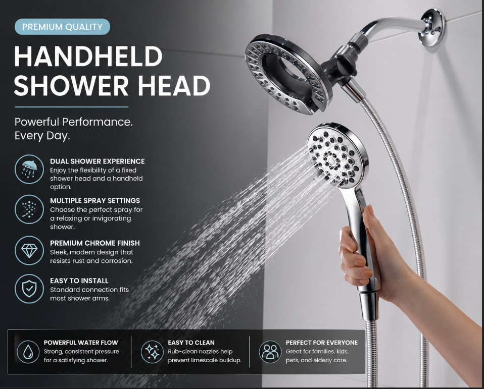 Handheld Shower Head Combo Massage Chrome Finish 4 Settings 2-IN-1 Combo 76955C gallery