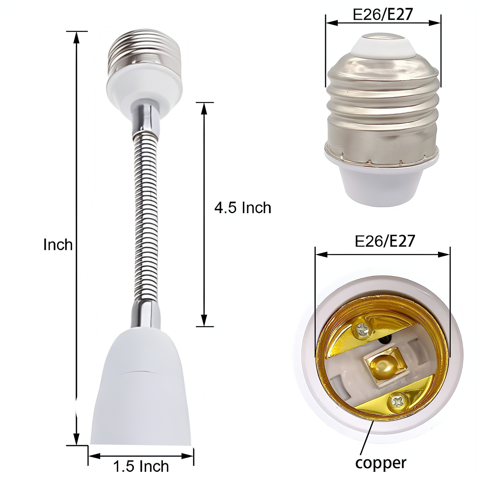 3 Pack E26 E27 Light Bulb Socket Flexible Extension Adapter Standard Medium Base gallery