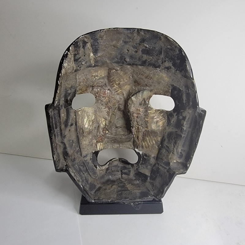 MCM Black Obsidian & Abalone Shell Inlay Mask Sculpture on Black Weighted Base gallery