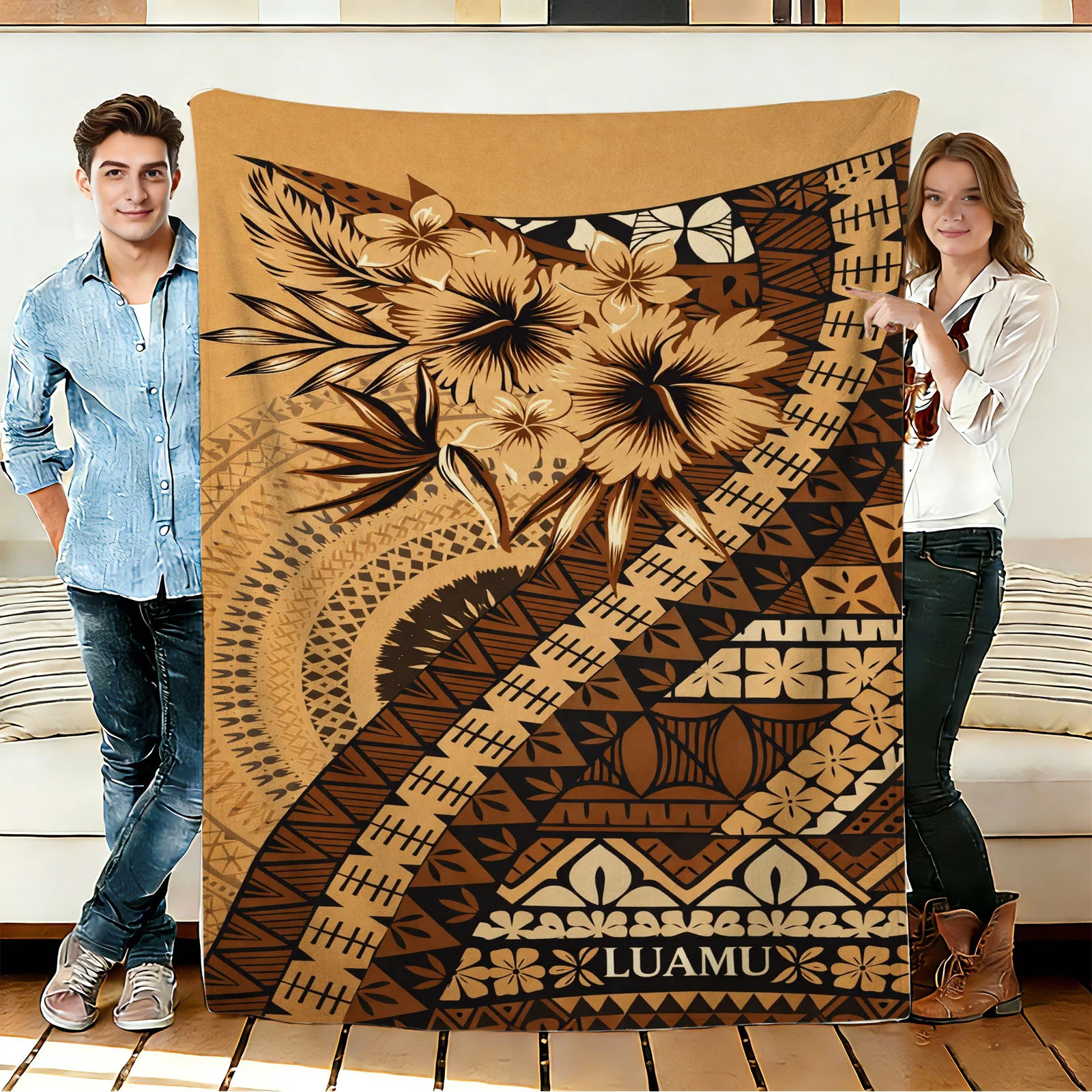 Polynesian Floral Pattern Flannel Blanket Soft Cozy Tapestry Napping Travel Use gallery