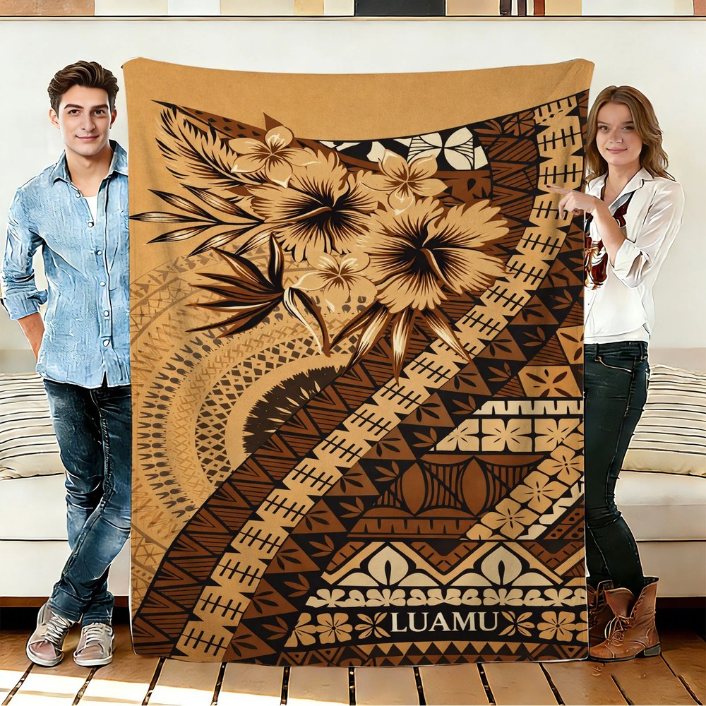 Polynesian Floral Pattern Flannel Blanket Soft Cozy Tapestry Napping Travel Use