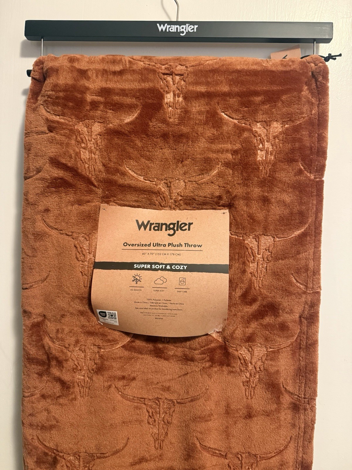Wrangler Ultra Soft Plush Copper Colored Throw Blanket 60" x 70" Bull Skull NWT gallery