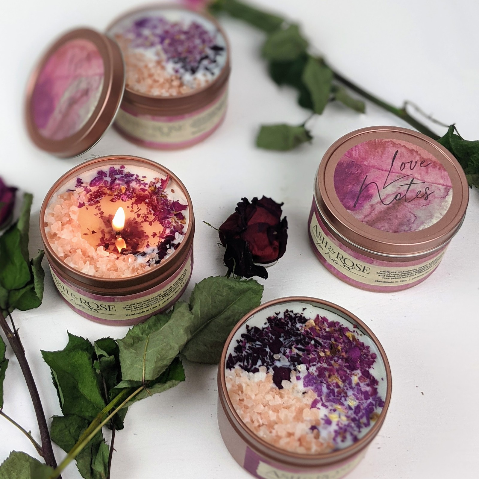 Ash & Rose Love Notes Loaded 8 oz. Tin Candle with Rose Petals and Pink Salt gallery